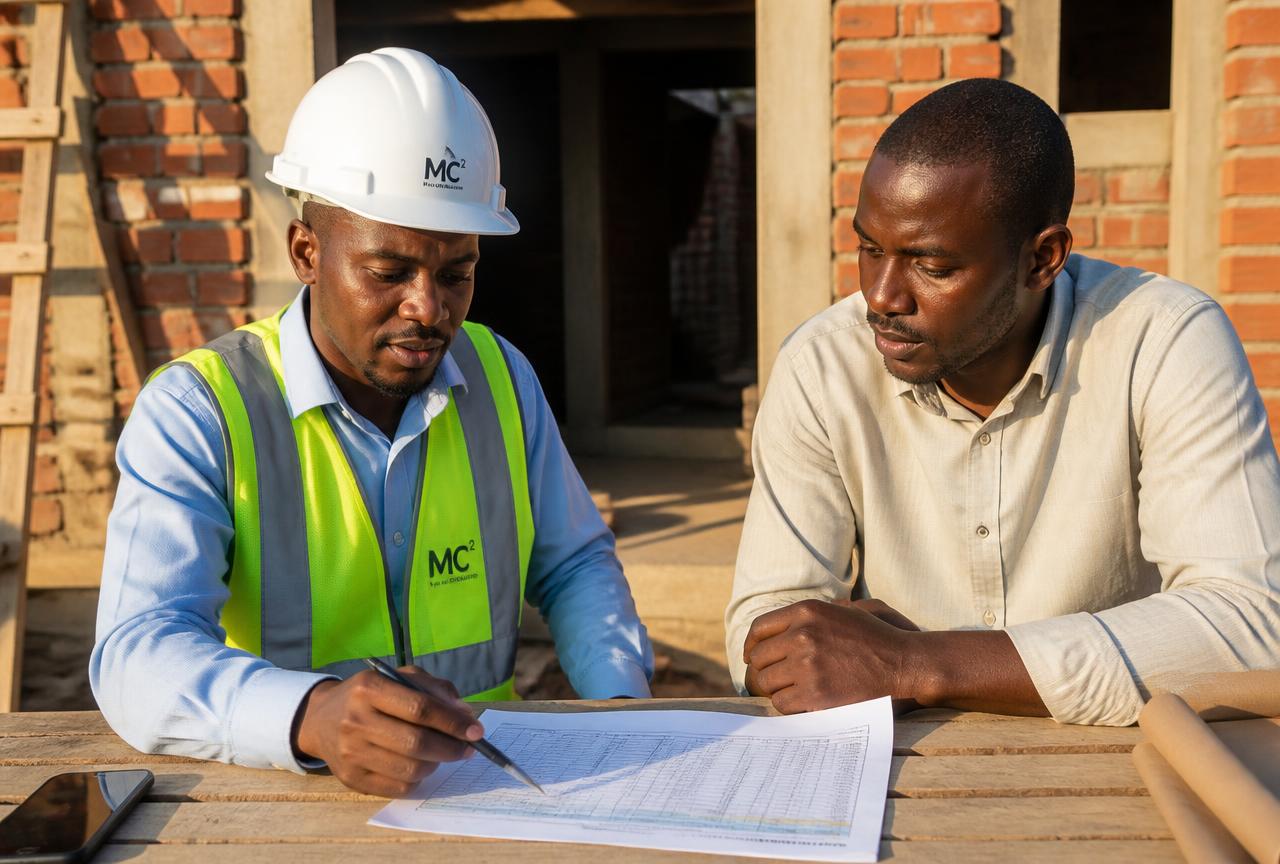 Engenheiro e cliente a analisar o orçamento de uma obra em Moçambique