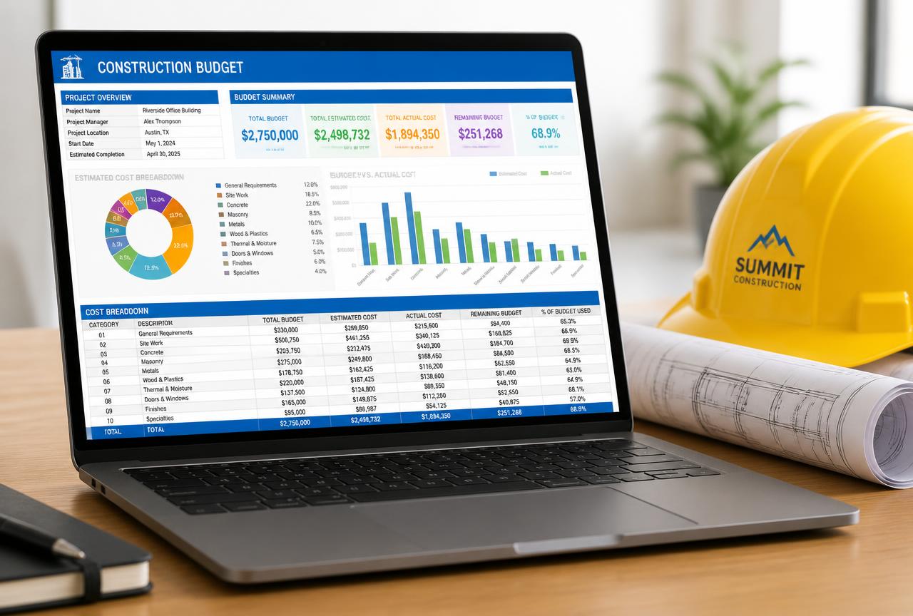 Planilha de orçamento de obras a funcionar num laptop